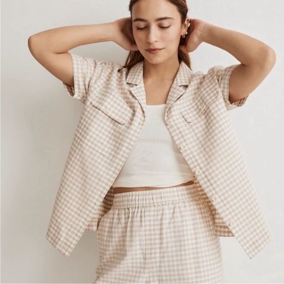 Madewell Camp Checked Gingham Plaid Boxy Gauze Button Down Shirt Tan Small NWT - Picture 3 of 16